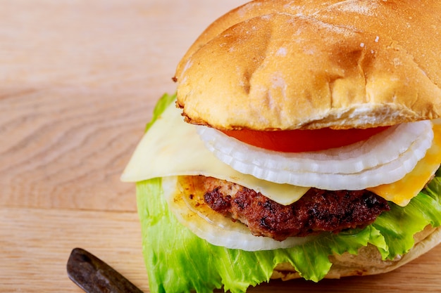 Close-up of home made tasty grilled big burger