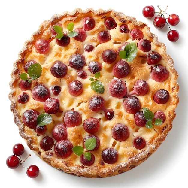 Close up of a homemade cherry pie with red cherries on top