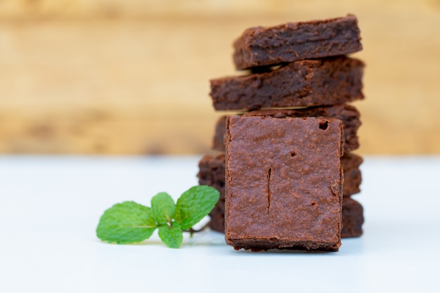 Close up homemade chocolate brownies with copy space