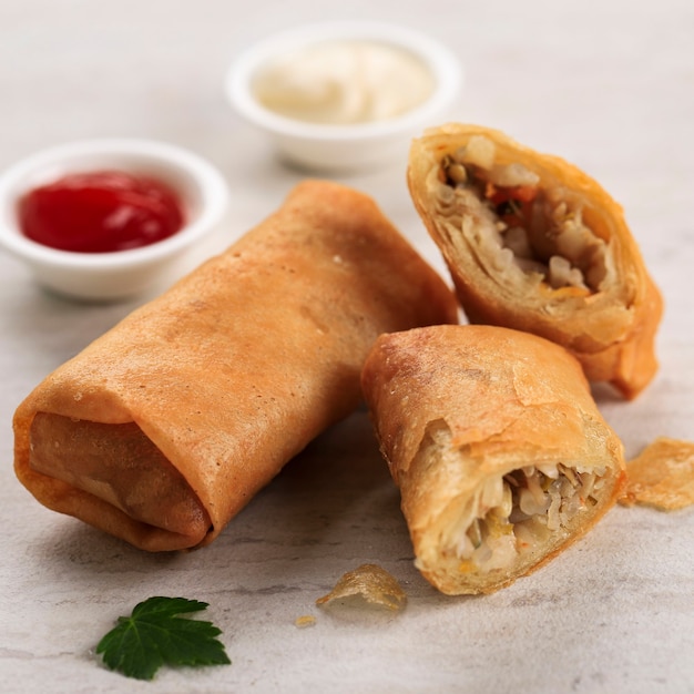 Close Up Homemade Fried Lumpia Traditional Indonesian Snack, Comfort Street Food  . Served on Chinese New Year (Imlek) Family Dinner