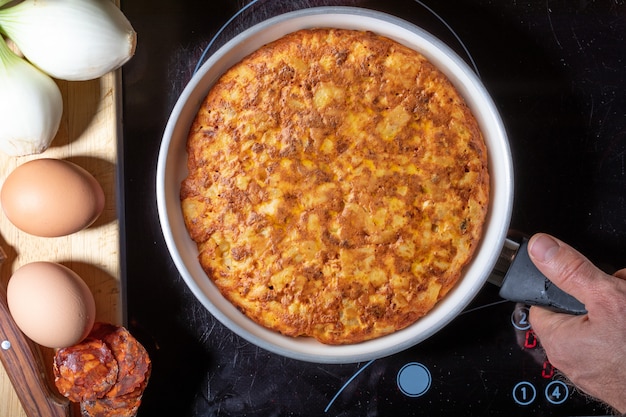 Close-up of homemade (Spanish) potato omelette with natural ingredients