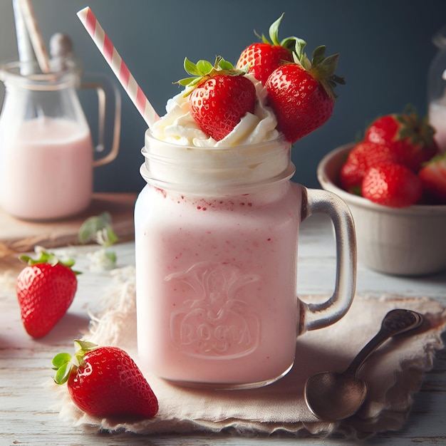 Close up of homemade strawberry milk shake