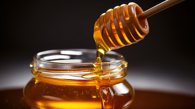 Close up of a honey dipper with honey dripping into