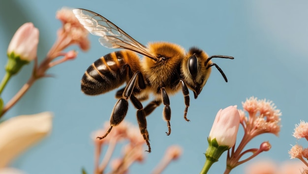 Close up of a honeybee in flight among delicate flowers in a serene nature setting