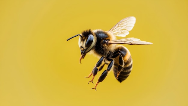 Close up of a honeybee flying with a vibrant yellow bokeh background symbolizing nature