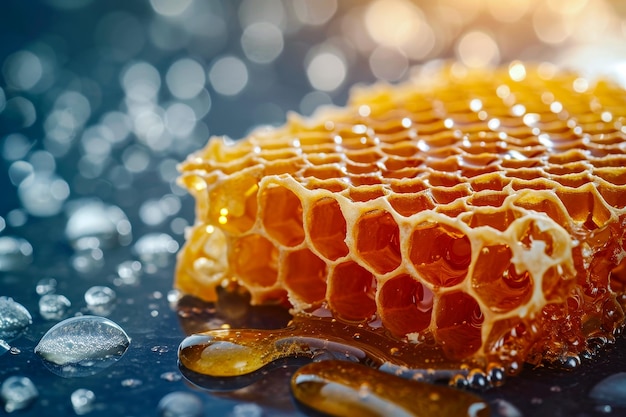 Close up of honeycomb with drops of liquid possibly water or nectar in between the combs hexagonal