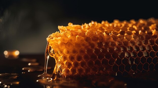 a close up of a honeycomb with honey dripping down