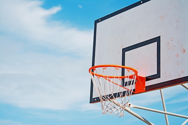 Close up of a hoop under a blue sky