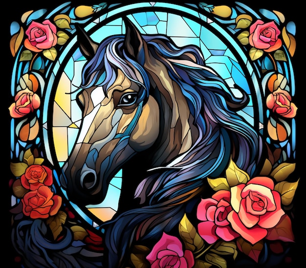 a close up of a horse in a stained glass window with roses generative ai