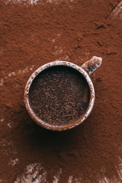 Close up of hot chocolate drink with chocolate powder 