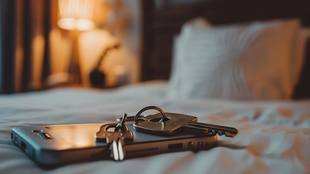 Photo close up of hotel room keys on a phone on a bed