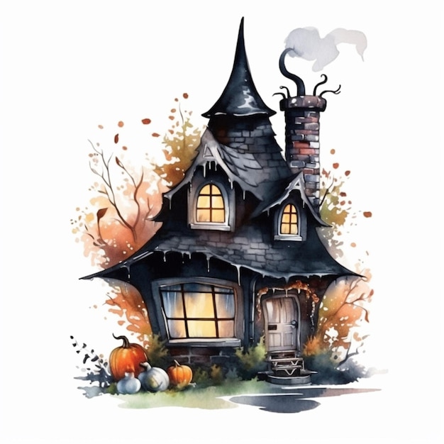 A close up of a house with a chimney and a pumpkin generative ai