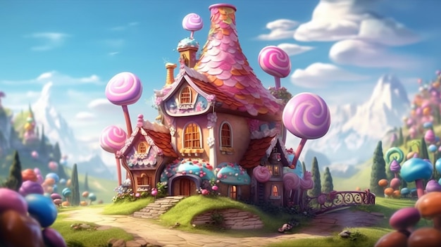 A close up of a house with a lot of candy on top of it generative ai