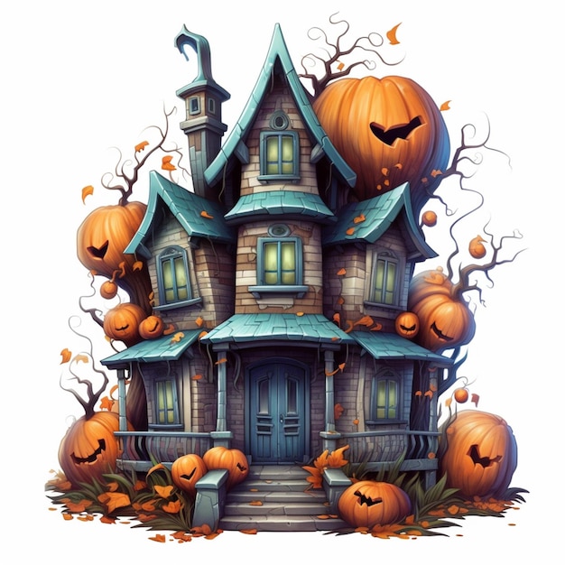 A close up of a house with pumpkins on the front of it generative ai