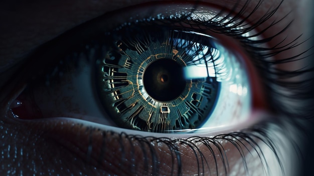 A close up of a human eye with a clock in the middle