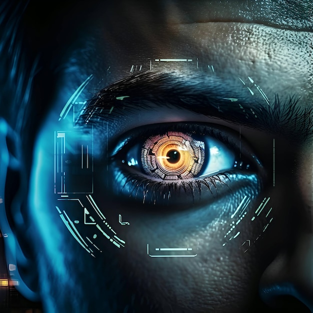 Close up of human eye with digital hud interface Mixed media