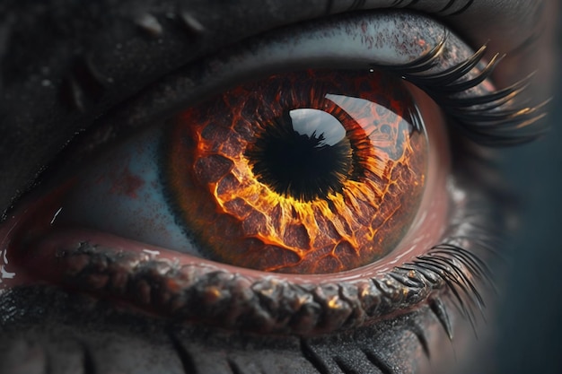 A close up of a human eye with a fire on the eye.