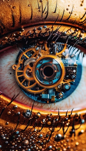 A close up of a human eye with gears and gears