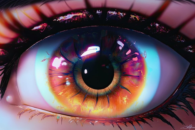 A close up of a human eye with a pink and blue eye