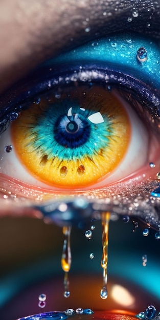 A close up of a human eye with a tear droplet on the left side.