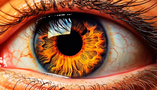 A close up of a human eye with a yellow flame.