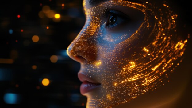 Photo close up of human face illuminated with glowing digital patterns evoking sense of wonder