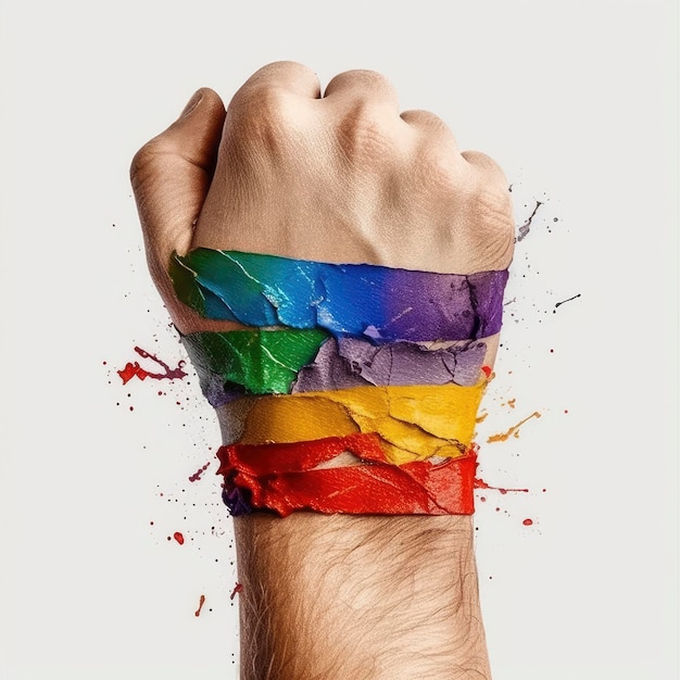 Close up of human fist with colorful paint splashes diversity pride day freedom lgbt