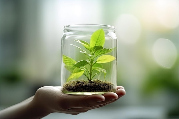 Close up of human hand holding glass jar with plant sprout in it