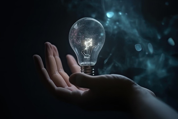 Close up of human hand holding light bulb on dark background with smoke Realistic human hand holding a lightbulb AI Generated