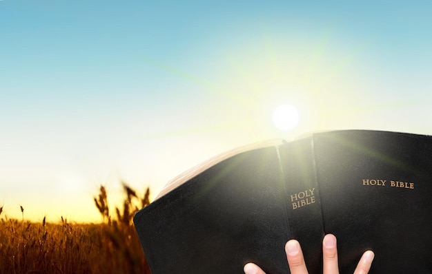 Close up of human hand holding saint book