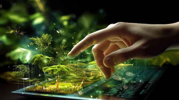 Close up of human hand touching plant in digital tablet with green background