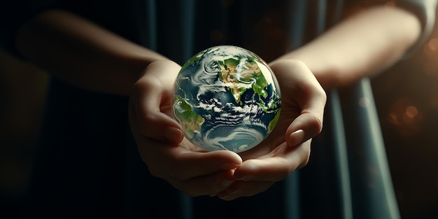 Close up of human hands holding Earth planet Elements of this image are furnished by NASA