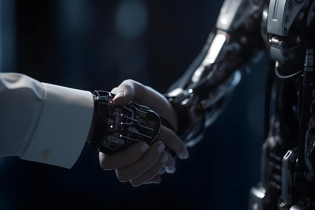 Close up of human and robot arm shaking hands