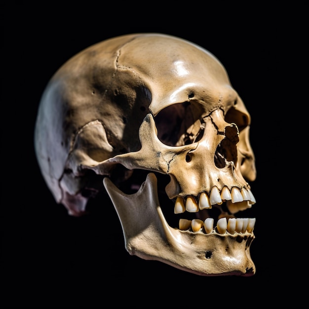 A close up of a human skull on a black background generative ai image