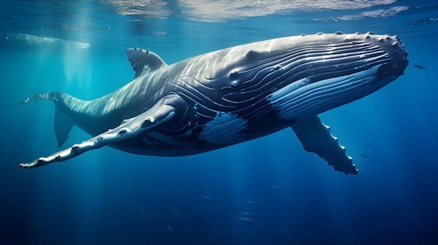 Close up of a Humpback Whale swimming in the deep Ocean Natural Background with beautiful Lighting