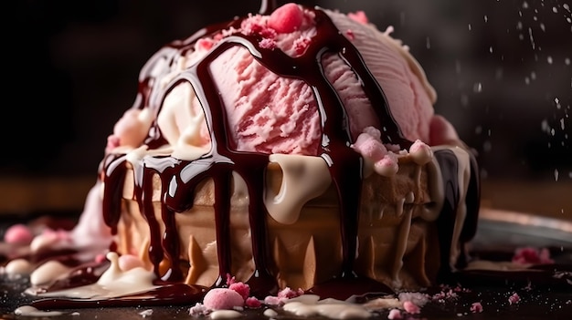 A close up of a ice cream cake with pink and white chocolate sauce and a scoop of vanilla ice cream.