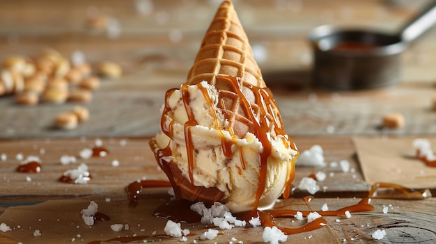 a close up of an ice cream cone with a drizzle of caramel sauce on it