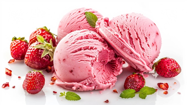 a close up of ice cream cones and strawberries on a white background