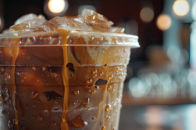 Photo close up of iced coffee in a plastic cup