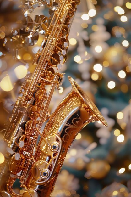 Photo close up image of a beautiful and shiny saxophone