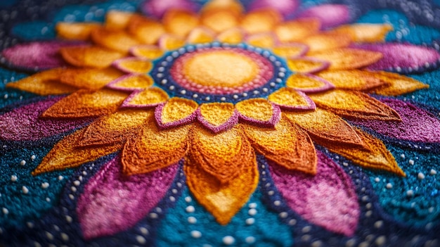 Close up image of a colorful mandala pattern showcasing the intricate details