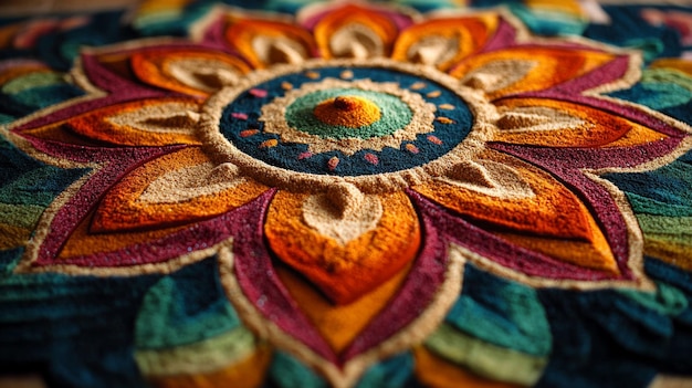 A close up image of a colorful sand mandala pattern art design