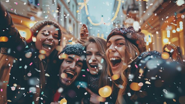 Photo close up image of group of happy friends enjoying outdoor party on shiny street background