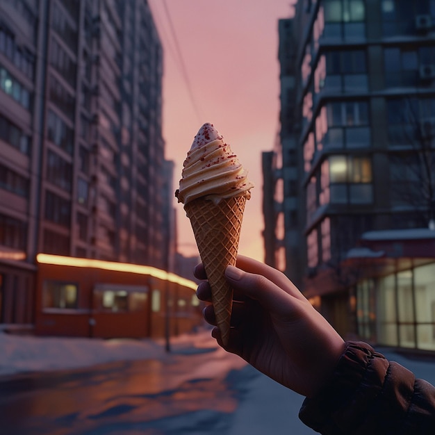 Photo close up image of a hand holding a cone ice cream in front of a building