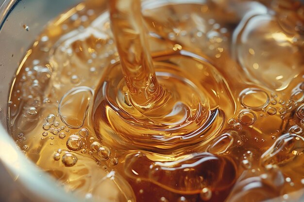 A close up image of lifting golden honey from a jar focusing on the texture and viscosity of the honey natural sweetness and can be used for culinary and health related themes