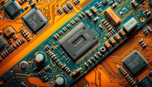 Close up Image of Modern Computer Circuit Board with Microchips and Integrated Components for