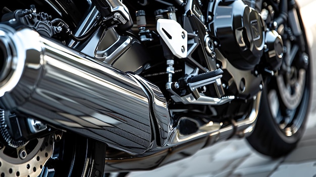 Close up image of a motorcycles exhaust pipe showcasing automotive design