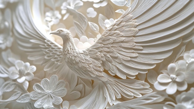 A close up image of a paper bird sculpture with flowers