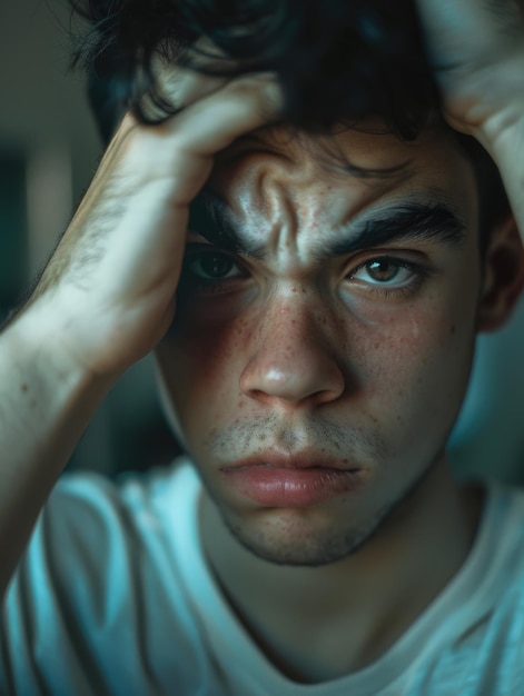 A close up image of a person holding their head