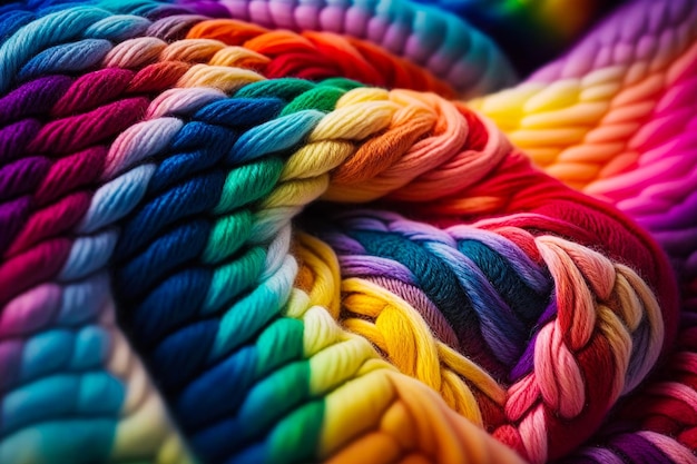 Close up image of rainbow colored yarn Generative AI